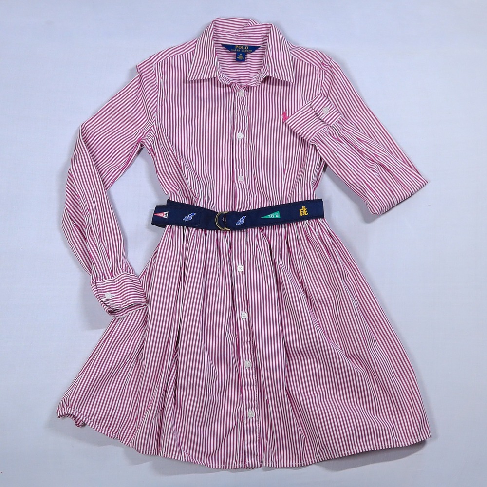 Polo Ralph Lauren Shirt Dress Kids Size 10 Pink White Stripe Belted Long Sleeve